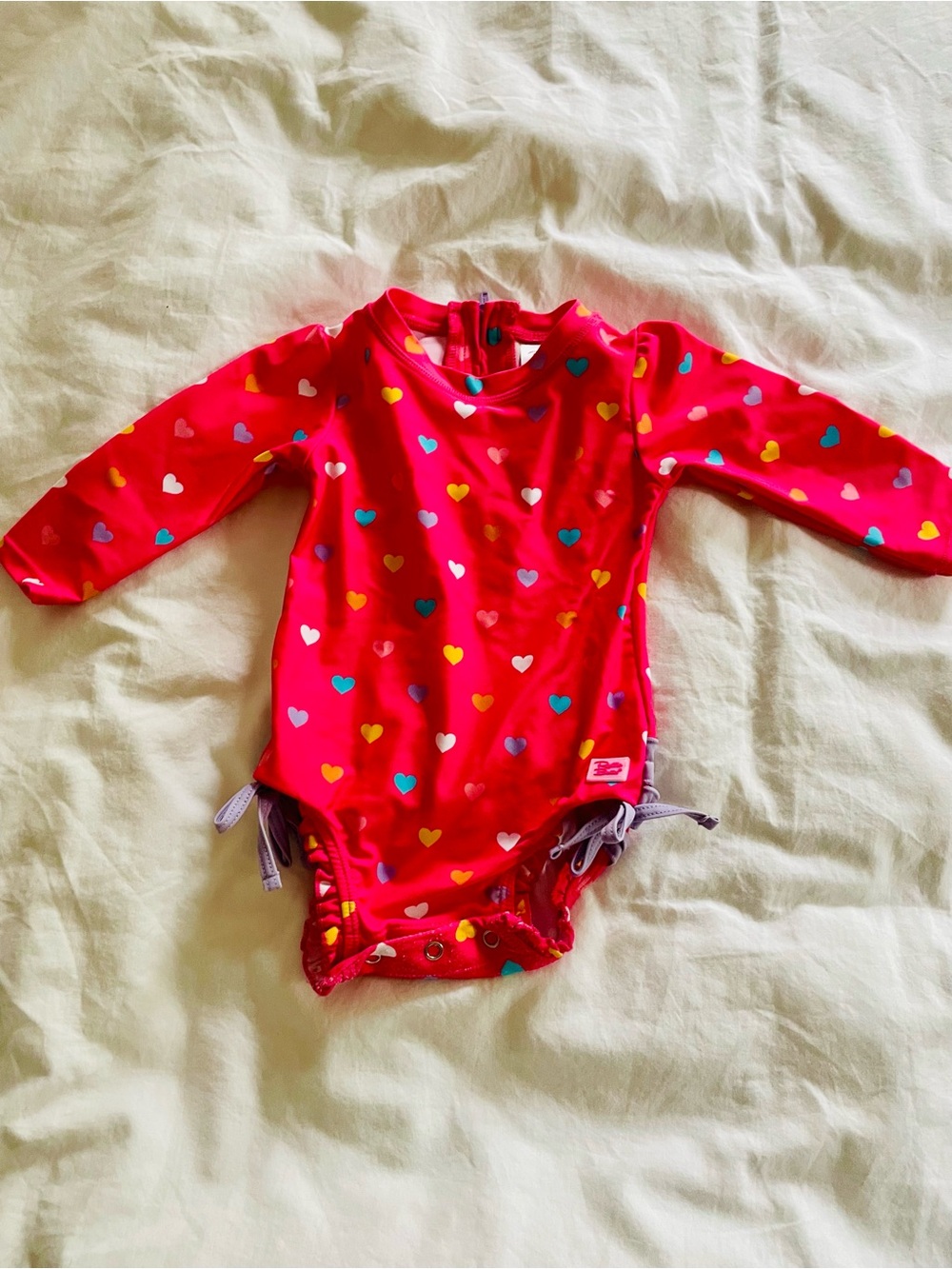 Ruffle Butts Hot Pink Heart Print Long Sleeve Swimsuit